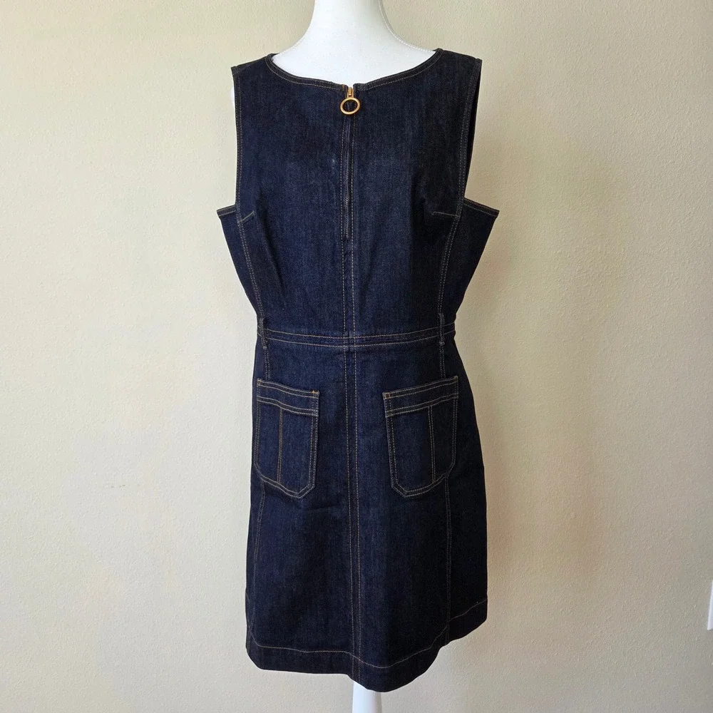 Tory Burch Dark Wash Denim Sleeveless Shift Dress Pockets Gold Ring Zip 14